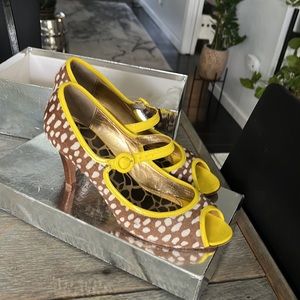Unique J.crew calf hair peel toe Mary Jane yellow animal print